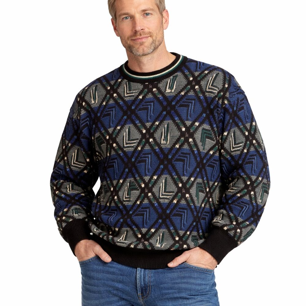 Vintage Grandpa Textured Sweater Size XL Blue Black Green Geometric Robert Bruce